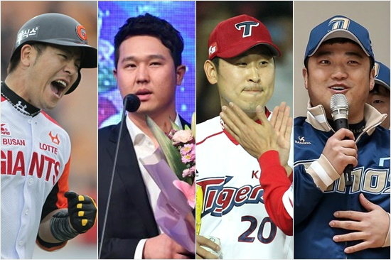 '역대KBO최고액의화려한면면'롯데강민호(왼쪽부터),SK최정,KIA윤석민,NC박석민은최근3년동안역대최고몸값타이틀을이어온선수들이다.(자료사진=이한형기자,해당구단)