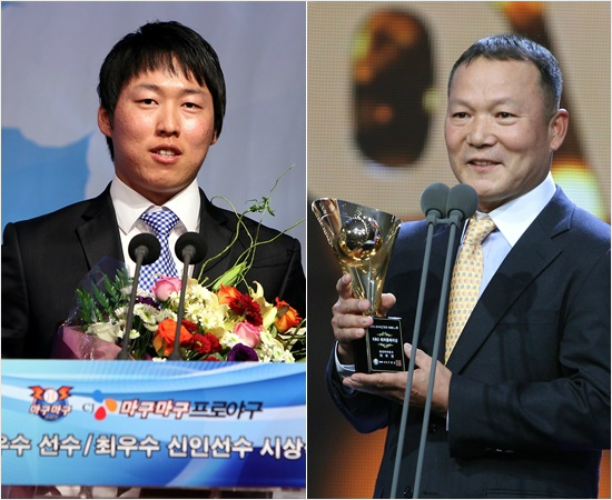 삼성소속이던차우찬이지난2010년승률왕에오른뒤수상한모습(왼쪽)과지난해골든글러브시상식에서페어플레이상을받았지만기초군사훈련참가로김평호당시코치가대리수상한모습.(자료사진=삼성)