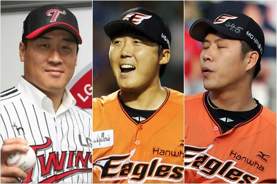 삼성에서FA로풀려이적해LG에서은퇴한정현욱(왼쪽부터)과한화로둥지를옮긴배영수,권혁.(자료사진=LG,한화)