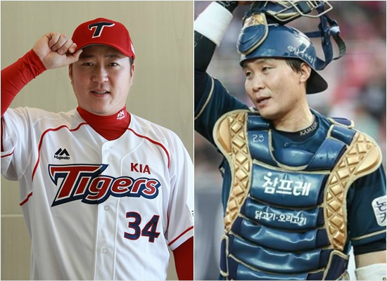 '100억과은퇴'최근KIA와4년100억원FA계약을맺은최형우(왼쪽)와FA선언에도찾는팀이없어은퇴를선언,NC코치로새출발하는용덕한.(자료사진=KIA,NC)