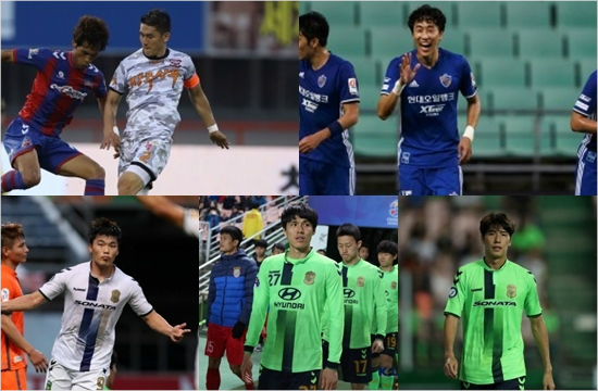3대2트레이드로전북유니폼을입은이용(왼쪽위부터시계방향),이재성,울산으로이적한최규백,김창수,이종호.(사진=한국프로축구연맹제공)