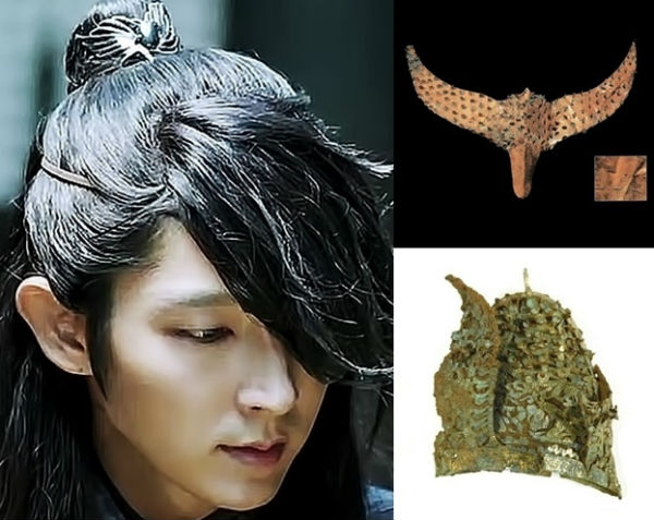 (상)유물:천마총새날개모양금제관식,(하)유물:금동관모
