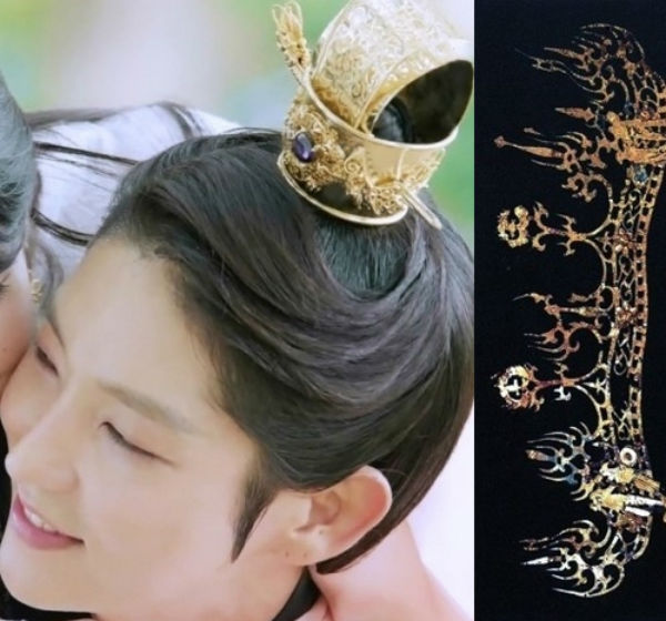 (좌)광종상투관,(우)유물:불꽃무늬투조금동관