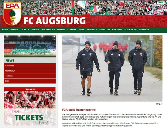 독일분데스리가아우크스부르크는올시즌선임한디르크슈스터감독(왼쪽)과두명의코치를겨울휴식기를앞두고전격경질했다.(사진=아우크스부르크공식홈페이지갈무리)