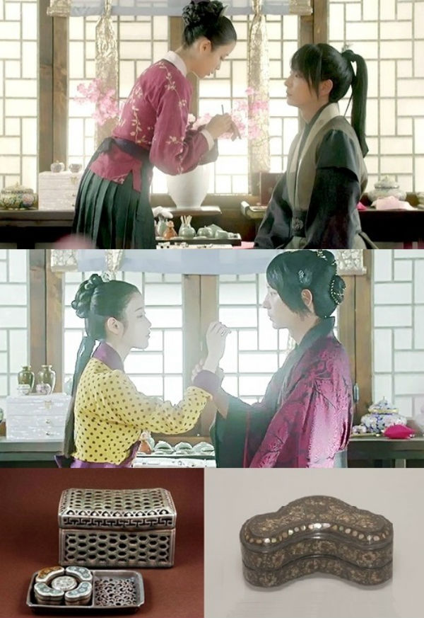 ▲(상)해수화장합(하)유물:고려청자상감투각귀갑문상자,나전대모칠국화넝쿨무늬모자합
