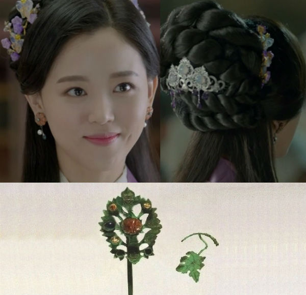 ▲(상)연화머리장식(하)유물:고려금동수정감장뒤꽂이