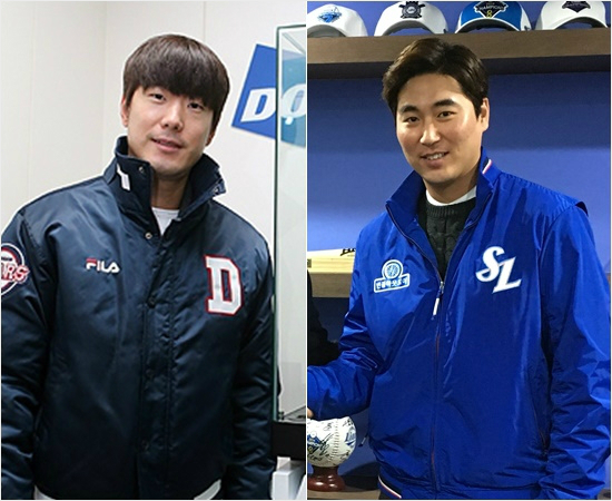 '잠실에남은자와떠난자'올해FA자격을얻어친정팀두산에남은유격수김재호(왼쪽)와LG를떠나삼성에새둥지를튼사이드암우규민.(자료사진=두산,삼성)
