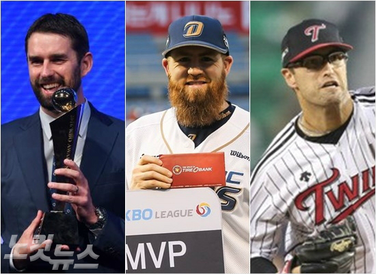 '2017년투수골든글러버는?'올해최고의활약을펼친두산에이스더스틴니퍼트(왼쪽부터)와지난해투수골든글러브를차지한NC에릭해커,내년풀타임을치르는LG에이스더스틴허프.(자료사진=이한형기자,NC,LG)