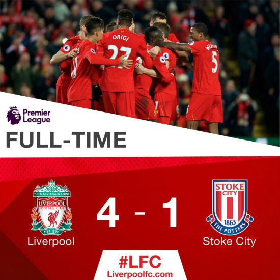 리버풀이스토크시티에4-1로역전승을거뒀다.(사진=리버풀트위터캡처)
