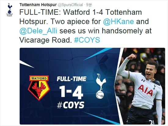 잉글랜드프리미어리그토트넘에서활약하는손흥민은왓포드원정에서약두달만의풀타임활약을펼쳤지만아쉬운침묵에그쳤다.이날경기에서토트넘은해리케인과델레알리가두골씩뽑아4-1대승을거뒀다.(사진=토트넘공식트위터갈무리)