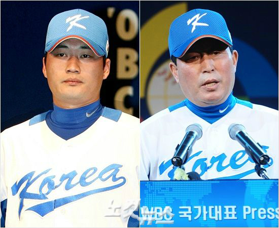 '8년만의재회?'김인식WBC대표팀감독(오른쪽)은11일선수단예비소집일논란이됐던오승환(왼쪽)의발탁을공식발표했다.지난2009년김감독이사령탑을맡았던2회WBC이후오승환과는8년만에대표팀에서재회하는셈이다.사진은당시출정식때모습.(자료사진=노컷뉴스)