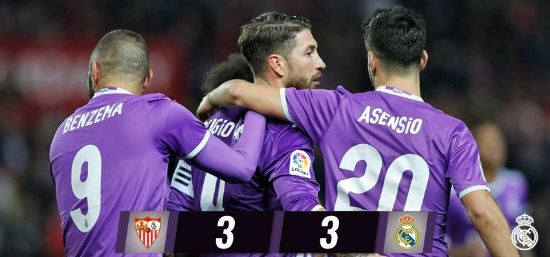 레알마드리드가세비야와치른국왕컵16강2차전에서3-3무승부를기록했다.1,2차전합계6-3을기록한레알마드리드는세비야를제치고8강에안착했다.(사진=레알마드리드트위터캡처)