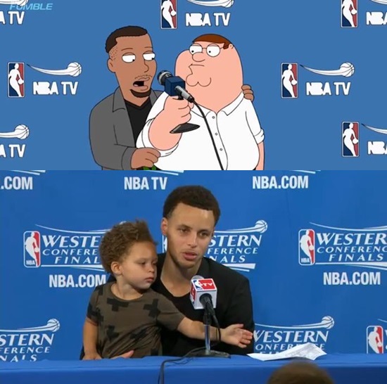 커리가카메오로나온'패밀리가이'의한장면(위)과2014-2015시즌커리의인터뷰장면.사진=NBA닷컴캡처