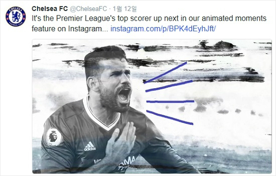 최근중국슈퍼리그의러브콜을받은첼시공격수디에고코스타는아시아무대가아닌유럽에서의새로운도전을선택할전망이다.(사진=첼시공식트위터갈무리)