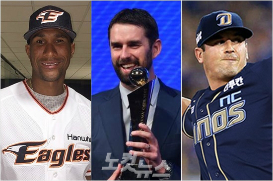 '니느님은내가잡는다'올해프로야구는수준급외인투수들의각축장이될전망이다.한화오간도(왼쪽부터),두산니퍼트,NC맨쉽등의맹활약이예상된다.(자료사진=한화,이한형기자,NC)