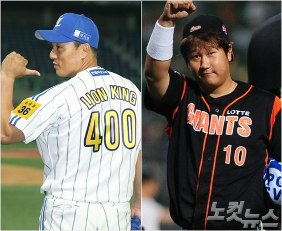 '전설은계속된다'한국복귀후KBO리그최초의400홈런을달성하며명예회복에성공한이승엽(왼쪽)과롯데에서우승이라는마지막소원을위해복귀한이대호.(자료사진=삼성,노컷뉴스)