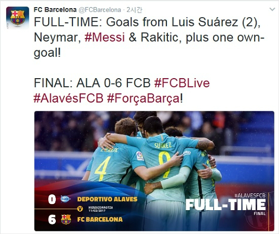 FC바르셀로나는올시즌코파델레이결승에서만날알라베스와리그22라운드원정경기에서6-0의압도적인승리를거두며분명한실력차이를입증했다.(사진=바르셀로나공식트위터갈무리)