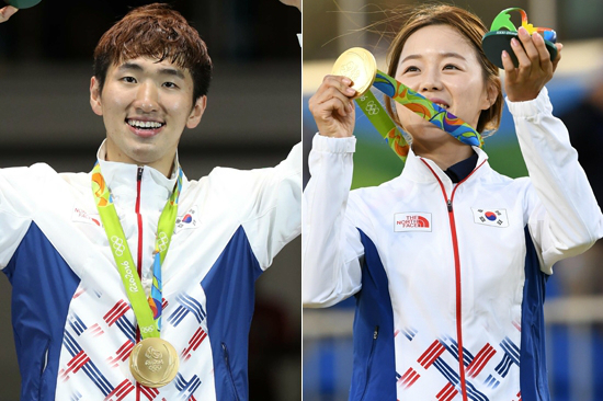 2016리우올림픽에서한국선수단에금메달을선사한펜싱박상영(왼쪽)과양궁장혜진.(올림픽사진공동취재단)
