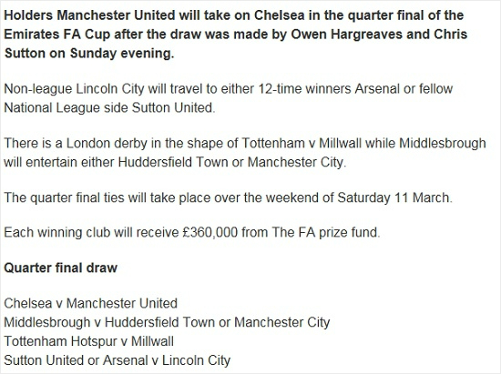 손흥민이활약하는토트넘핫스퍼는2016~2017잉글랜드축구협회(FA)컵8강에서3부리그소속의밀월을상대한다.(사진=FA공식홈페이지갈무리)