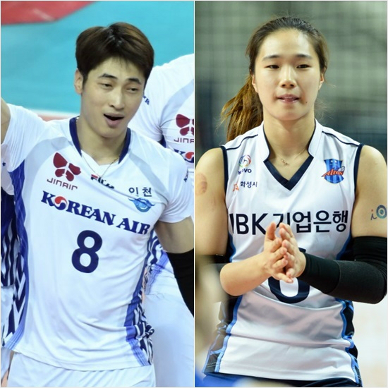 대한항공김학민과IBK기업은행이고은은MH농협2016~2017V-리그5라운드의최우수선수로선정됐다.둘의맹활약에대한항공은남자부선두를,IBK기업은행은5라운드전승을달렸다.(사진=한국배구연맹제공)