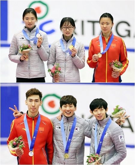 한국쇼트트랙은삿포로동계아시안게임에서라이벌중국에개인전금메달에서4-2로압승을거뒀다.사진은지난20일1500m시상식모습.왼쪽위부터시계방향부터심석희,최민정,궈이한,이정수,박세영,우다징.(자료사진=대한체육회)