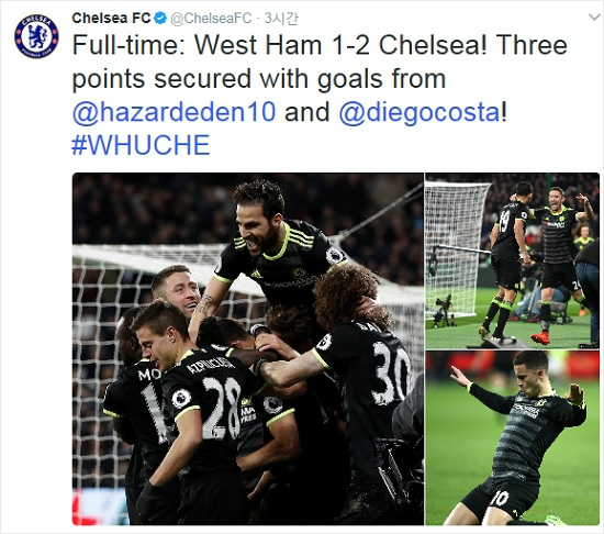 첼시는웨스트햄원정에서2-1승리로프리미어리그27경기만에승점66점을기록하며2위토트넘과격차를10점으로벌렸다.(사진=첼시FC공식트위터갈무리)