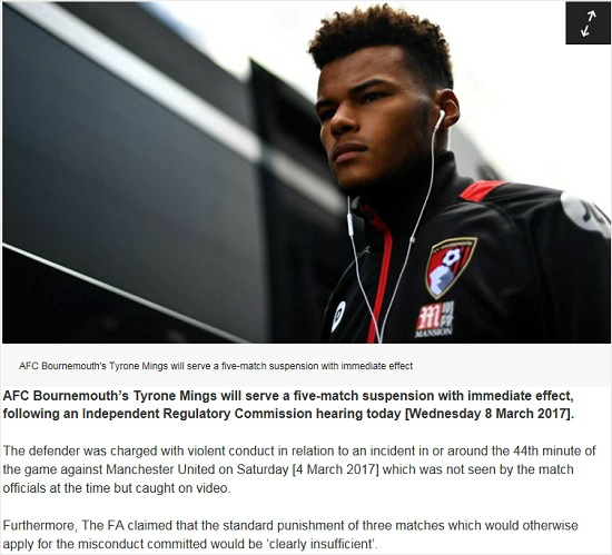 잉글랜드축구협회는경기도중상대선수의얼굴을밟은타이론밍스에3경기출장정지와함께2경기출장정지의추가징계를명령했다.(사진=잉글랜드축구협회공식홈페이지갈무리)