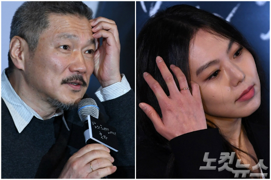 홍상수감독(왼쪽)과배우김민희가13일오후서울자양동롯데시네마건대입구에서진행된영화'밤의해변에서혼자'(감독홍상수)언론시사회에참석해취재진질문에답하고있다.(사진=이한형기자)