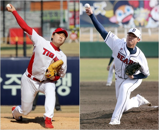 '엄정욱넘어설까'지난14일두산과시범경기에서최고구속157km를찍어탄성을자아낸KIA한승혁(왼쪽)과다음날경기에서158km의공을뿌린두산이동원.(자료사진=KIA,두산)
