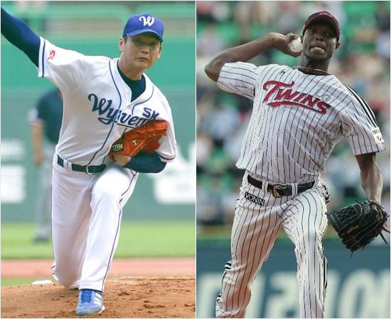 '토종최고,KBO최고'역대프로야구에서한국선수최고구속기록을보유한전SK엄정욱(왼쪽)과전체최고구속기록을세웠던전LG외인레다메스리즈.(자료사진=SK,LG)
