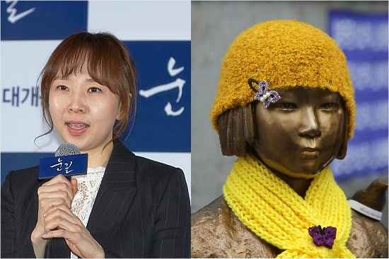 영화'눈길'의이나정감독과서울종로구일본대사관앞에있는소녀상.(사진=CGV아트하우스제공,자료사진)
