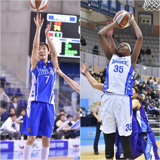 '어떻게막을까,이최강콤비를'우리은행의올시즌역대최고승률을이끈가드박혜진(왼쪽)과센터존쿠엘존스.(자료사진=WKBL)