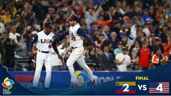 미국이2017월드베이스볼클래식2라운드F조경기에서베네수엘라를4-2로제압했다.(사진=WBC공식트위터캡처)