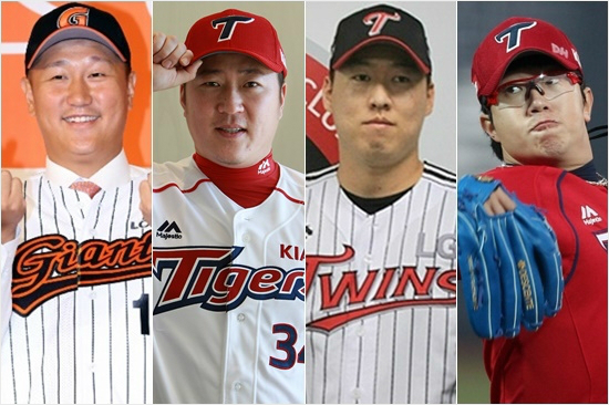 '거의400억원이네'지난스토브리그에서엄청난몸값이계약하며올시즌활약이기대되는FA4인방롯데이대호(왼쪽부터),KIA최형우,LG차우찬,KIA양현종.(자료사진=롯데,KIA,LG)