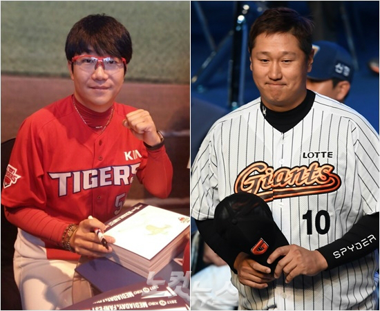 '투수에유리,과연그럴까?'올해프로야구최대화두인스트라이크존확대는27일'2017타이어뱅크KBO리그'미디어데이에서도화제가됐다.사진은이날미디어데이에서존에대해다른듯하지만결국같은의견을개진한KIA에이스양현종(왼쪽)과롯데주포이대호.(사진=이한형기자)