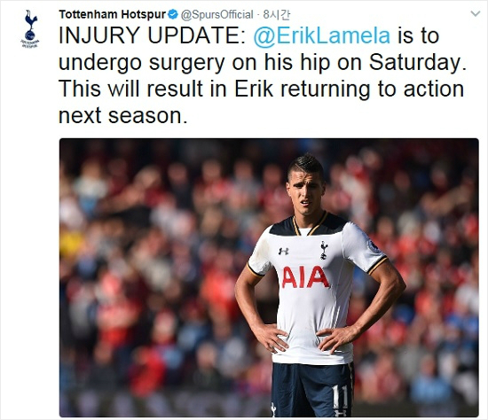 토트넘의2선자원에릭라멜라는지난해10월발생한엉덩이부상에서회복하지못하고결국수술대에올라다음시즌에나그라운드에복귀할전망이다.(사진=토트넘공식트위터갈무리)