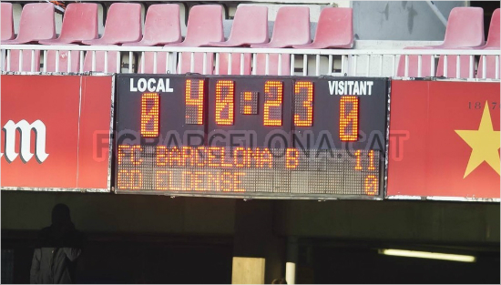 후반막판11-0까지기록된전광판.결국FC바르셀로나B가12-0으로엘덴세를꺾었다.(사진=FC바르셀로나홈페이지)