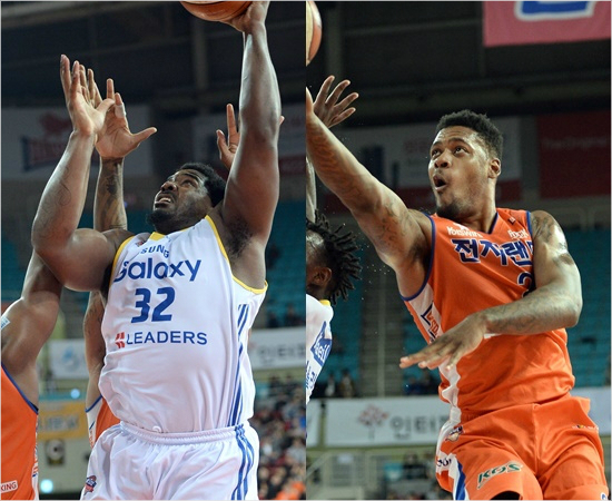 '움직이는시한폭탄'삼성마이클크레익(왼쪽)과전자랜드제임스켈리가6일6강플레이오프4차전에서슛을시도하고있다.(인천=KBL)