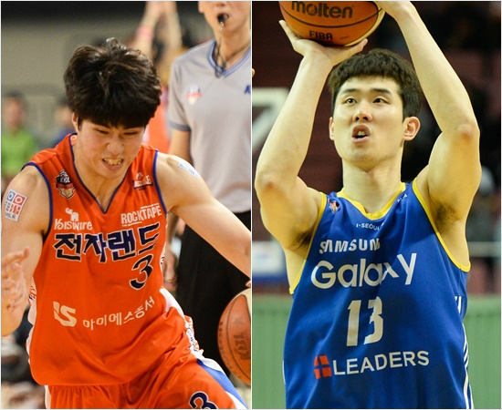 '몸이정신을지배하느냐,대오각성하느냐'전자랜드김지완(왼쪽)은6강플레이오프2,3차전의영웅이었지만차츰체력적으로힘겨운모습을보이고있다.삼성슈터임동섭은1차전때의슛감각을되찾아야하는과제를안고있다.(자료사진=KBL)