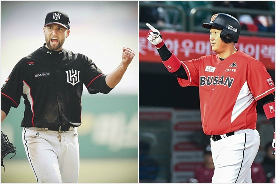 '함붙어보입시더'kt는'너클볼의마법사'좌완에이스라이언피어밴드(왼쪽)등막강한마운드를앞세워정규리그단독1위돌풍을달리고있고,최고몸값의사나이이대호가6년만에복귀한롯데는화끈한불방망이의힘으로2위에올라있다.(자료사진=kt,롯데)
