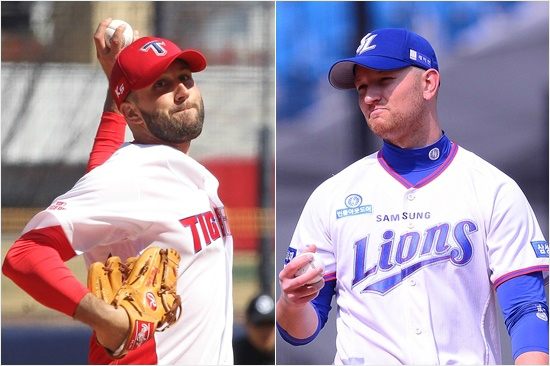 '펫무룩...'KIA좌완팻딘(왼쪽)과삼성우완재크페트릭은올해2경기에선발등판해나름호투를펼쳐줬지만각각무승과2패를기록중이다.타선지원과불펜도움등이미미했다.(자료사진=KIA,삼성)