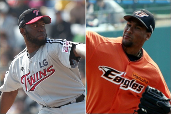 '몸값절반?구위는다르다'18일LG와한화의시즌첫맞대결에서선발격돌하는헨리소사(왼쪽)와알렉시오간도.(자료사진=LG,한화)