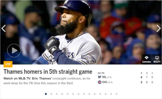 밀워키브루어스의에릭테임즈의5경기연속홈런소식이MLB닷컴홈페이지메인화면을장식했다(사진캡처=메이저리그공식홈페이지)