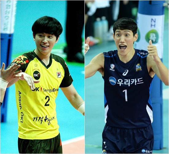 곽명우(왼쪽)와박진우등6명의V-리그남자부선수는국군체육부대에최종합격해오는24일입대한다.(사진=한국배구연맹제공)