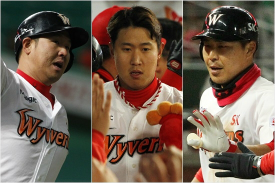 '불뿜는비룡군단막강타선'최근7연승등올해SK의상승세를이끄는최정(왼쪽부터),김동엽,한동민등거포3인방.(자료사진=SK)