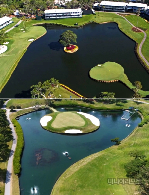 쏘그래스TPC17번홀(상)=PGA투어홈페이지,우정힐스CC13번홀(하)
