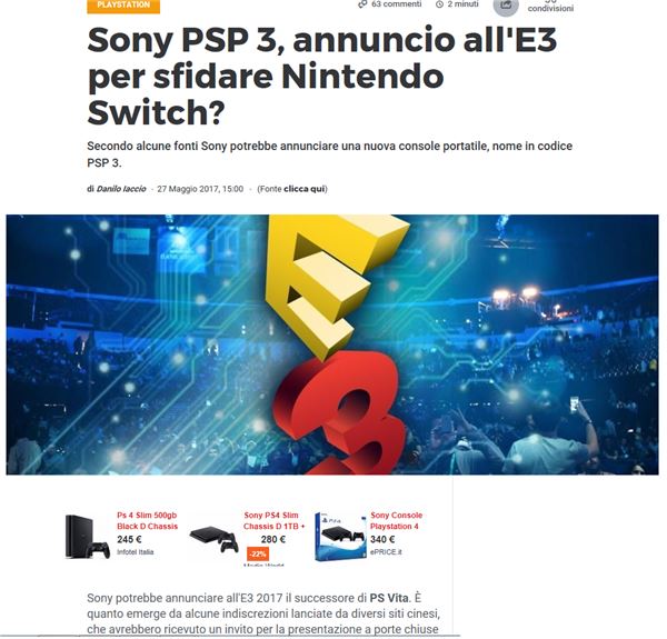 이탈리아 매체 톰스하드웨어는 29일(한국 시각) 소니가 PSP3를 E3 2017에서 발표한다는 취지의 기사를 게재했다.(사진 출처=톰스하드웨어 캡처)