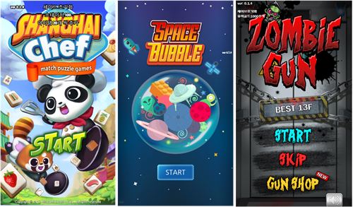 모비게임이 개발한 HTML5 게임들. 왼쪽부터 '샹하이 셰프', '스페이스 버블', '좀비 건'.