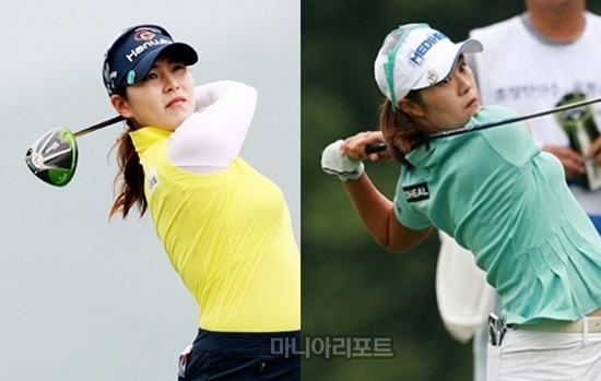 2라운드에서플레이하는김지현(왼쪽)과최혜용.용평=김상민기자