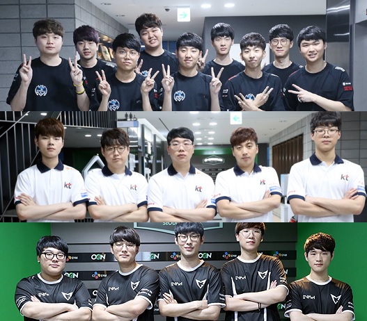 롤챔스 서머 스플릿 1위를 노리는 롱주 게이밍, kt 롤스터, 삼성 갤럭시(위부터)가 1일 나란히 출격한다.